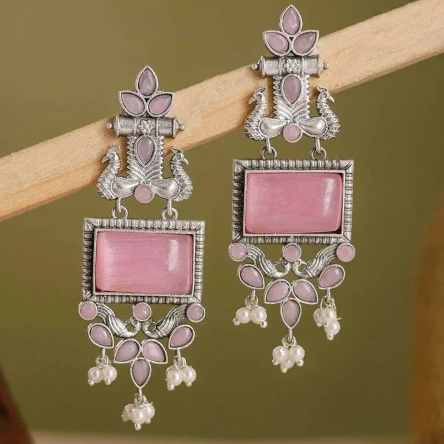 Oxidized Silver Drop Earrings – Pink Stone & Pearl Traditional Charm