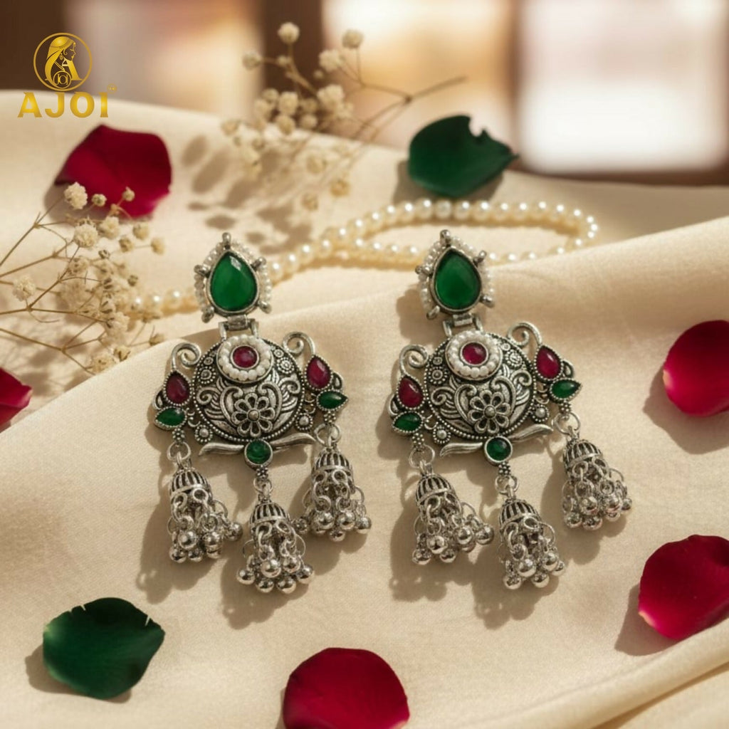 Oxidised Chandbali Jhumka Earrings – Elegant Green & Red Stones