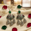 Oxidised Chandbali Jhumka Earrings – Elegant Green & Red Stones