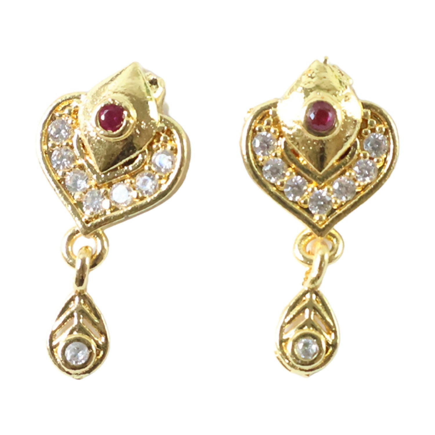 Gold Heart Drop Earrings with Ruby & Crystal Accents – Elegant Design