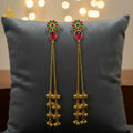 Kashmiri Gold Plated Long Chain Drop Earrings – Elegant Red & Green Stones