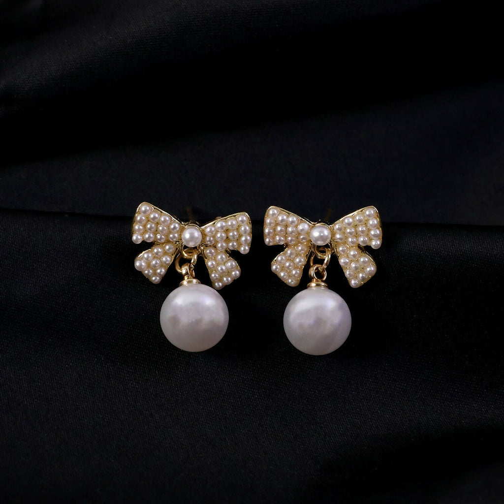 Crystal Pearl Studs – Elegant Korean Ribbon Bow Earrings