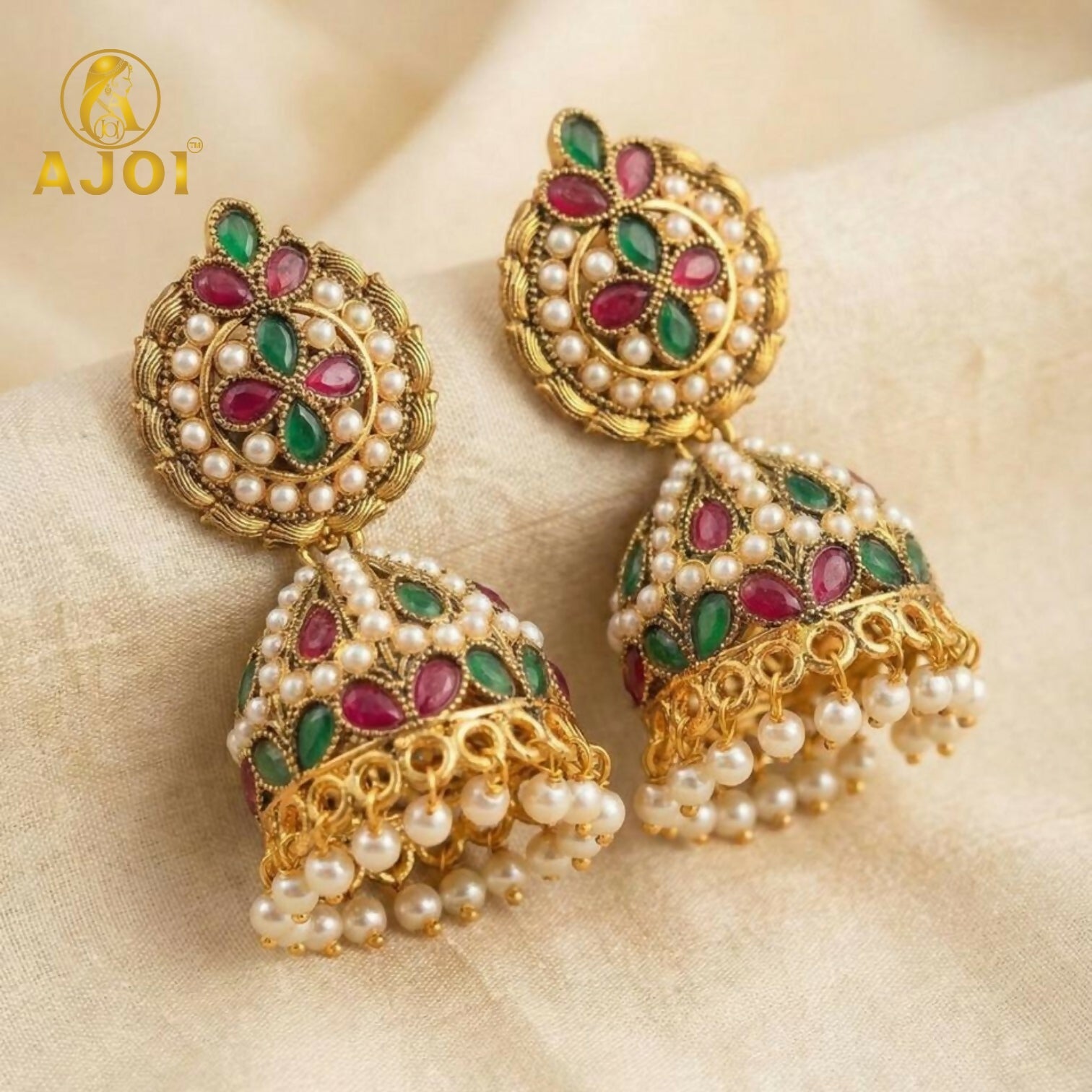 Traditional Kundan Jhumka Earrings – Handcrafted Ruby Emerald Bridal Jewelry