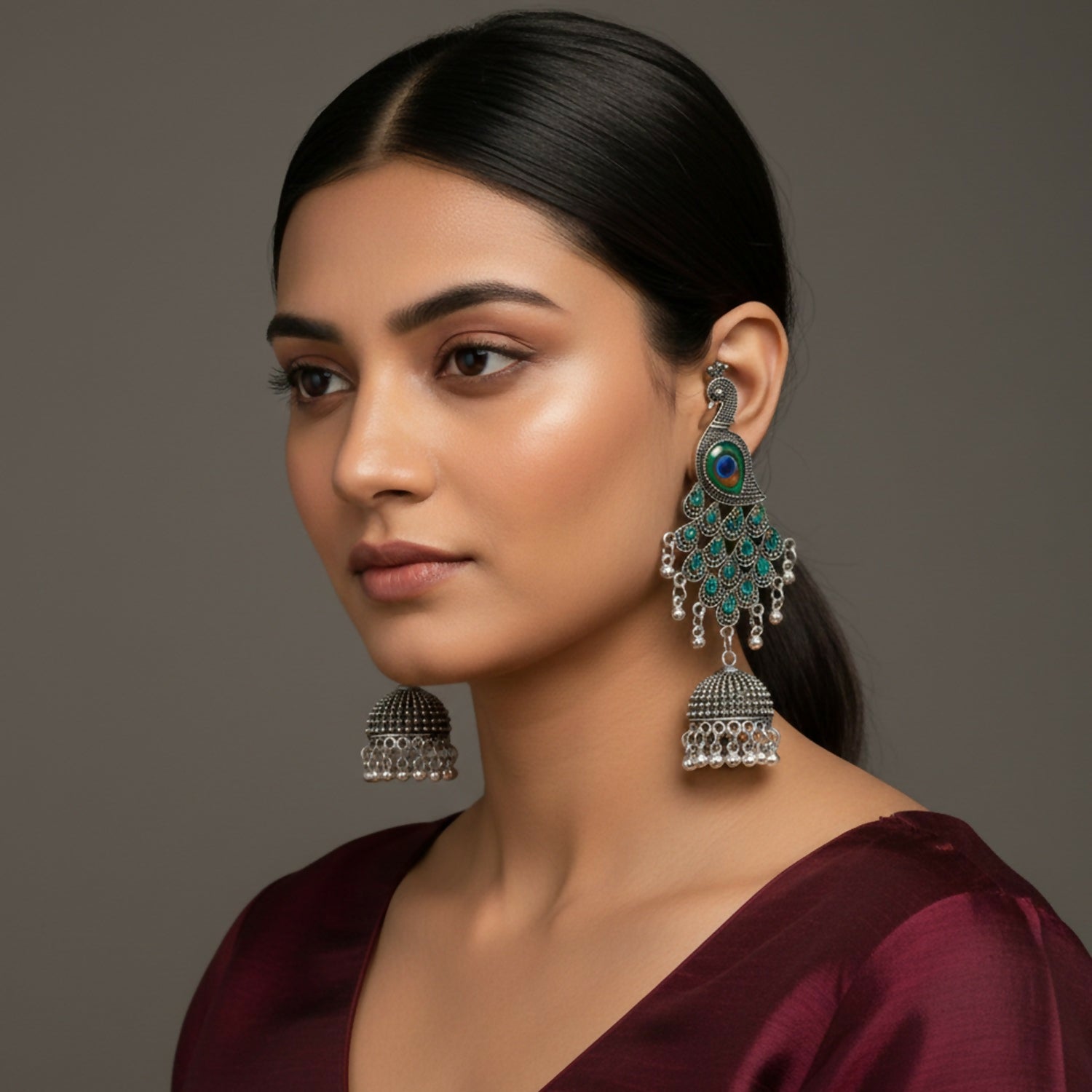 Peacock Jhumka Earrings – Premium Oxidised Silver Ethnic Design
