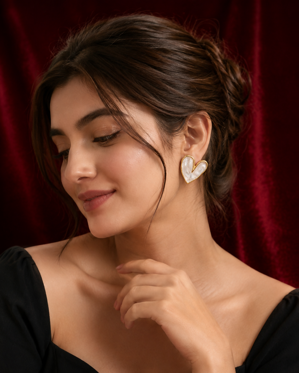 Pearl Heart Stud Earrings – Elegant Gold-Toned Jewelry for Women