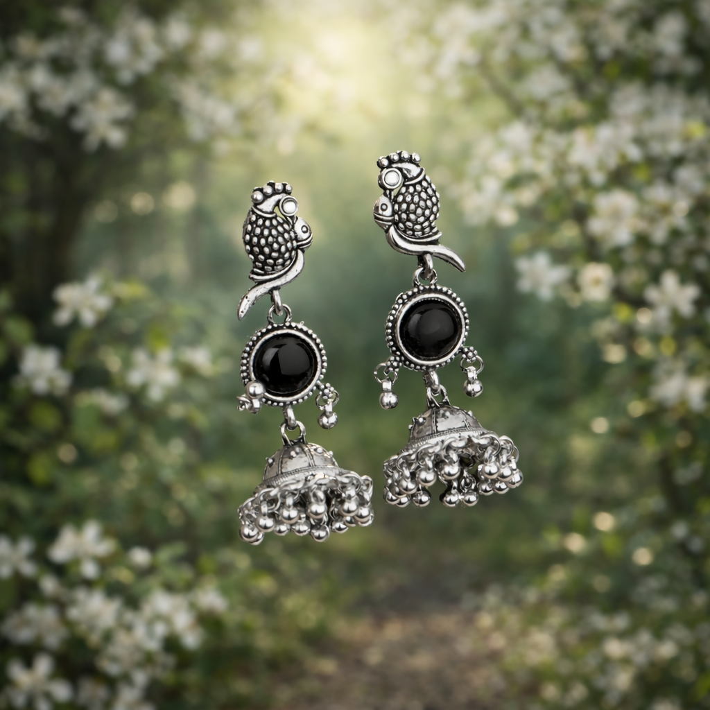 Owl Jhumka Earrings – Oxidized Silver with Black Stone Accent