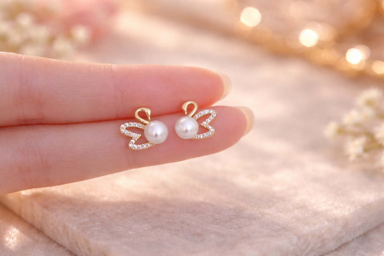 Pearl Butterfly Stud Earrings – Gold Plated Elegant Design | HV