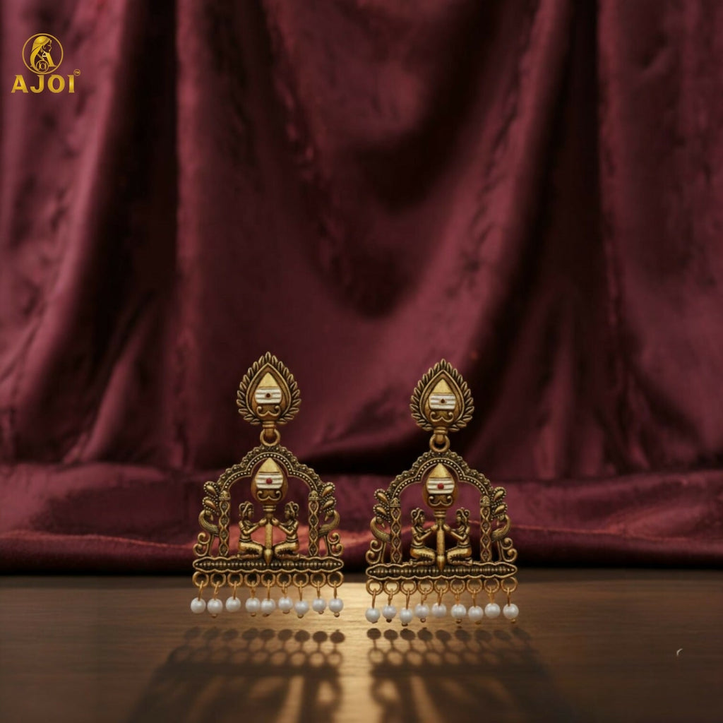 Gold-Tone Temple Jhumka Earrings with Pearl Danglers – Elegant Ethnic Design