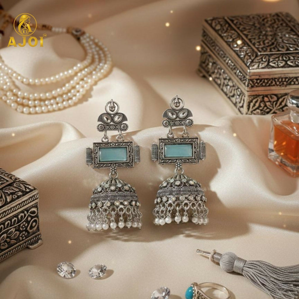 Oxidized Silver Jhumka Earrings – Hand-Carved Aqua Stone & Pearl Drops