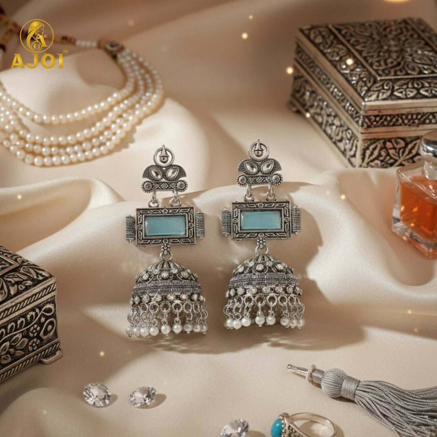 Oxidized Silver Jhumka Earrings – Hand-Carved Aqua Stone & Pearl Drops
