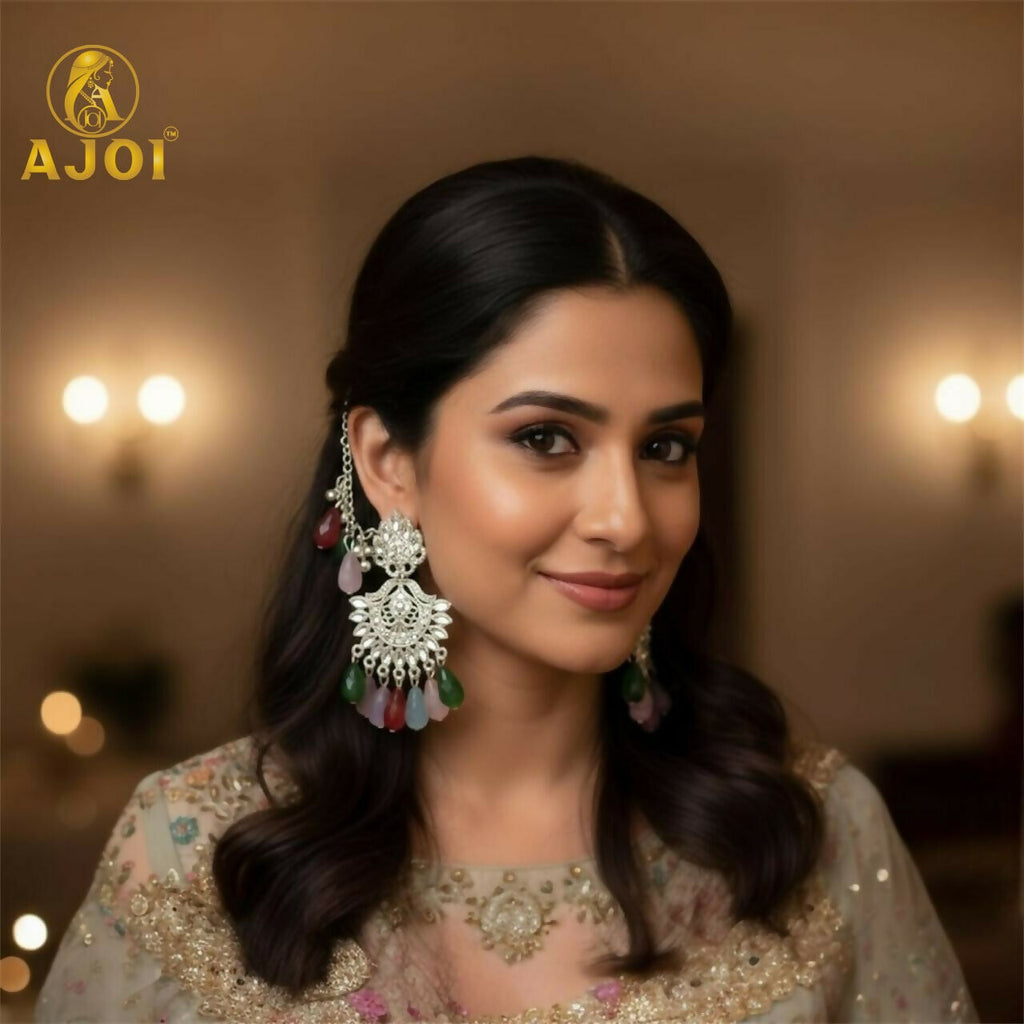 Kansar Earrings – Silver-Plated Floral Design with Multicolor Beads