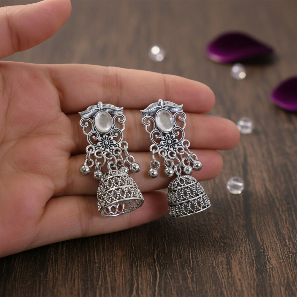 German Silver Jhumka Earrings – Traditional Oxidized Finish with Monalisa Stones