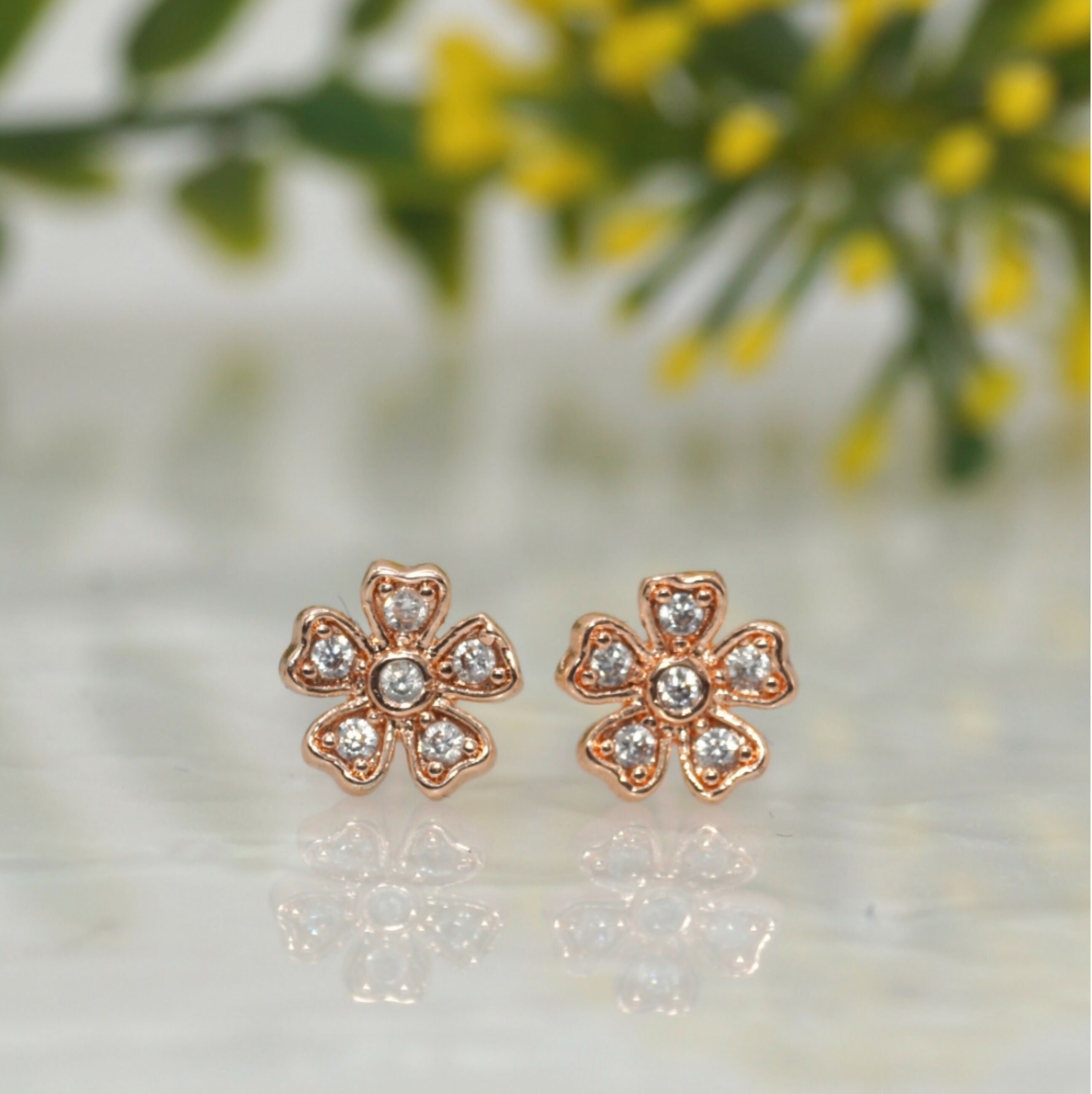 Rose Gold Flower Stud Earrings – Sparkling Cubic Zirconia Bloom