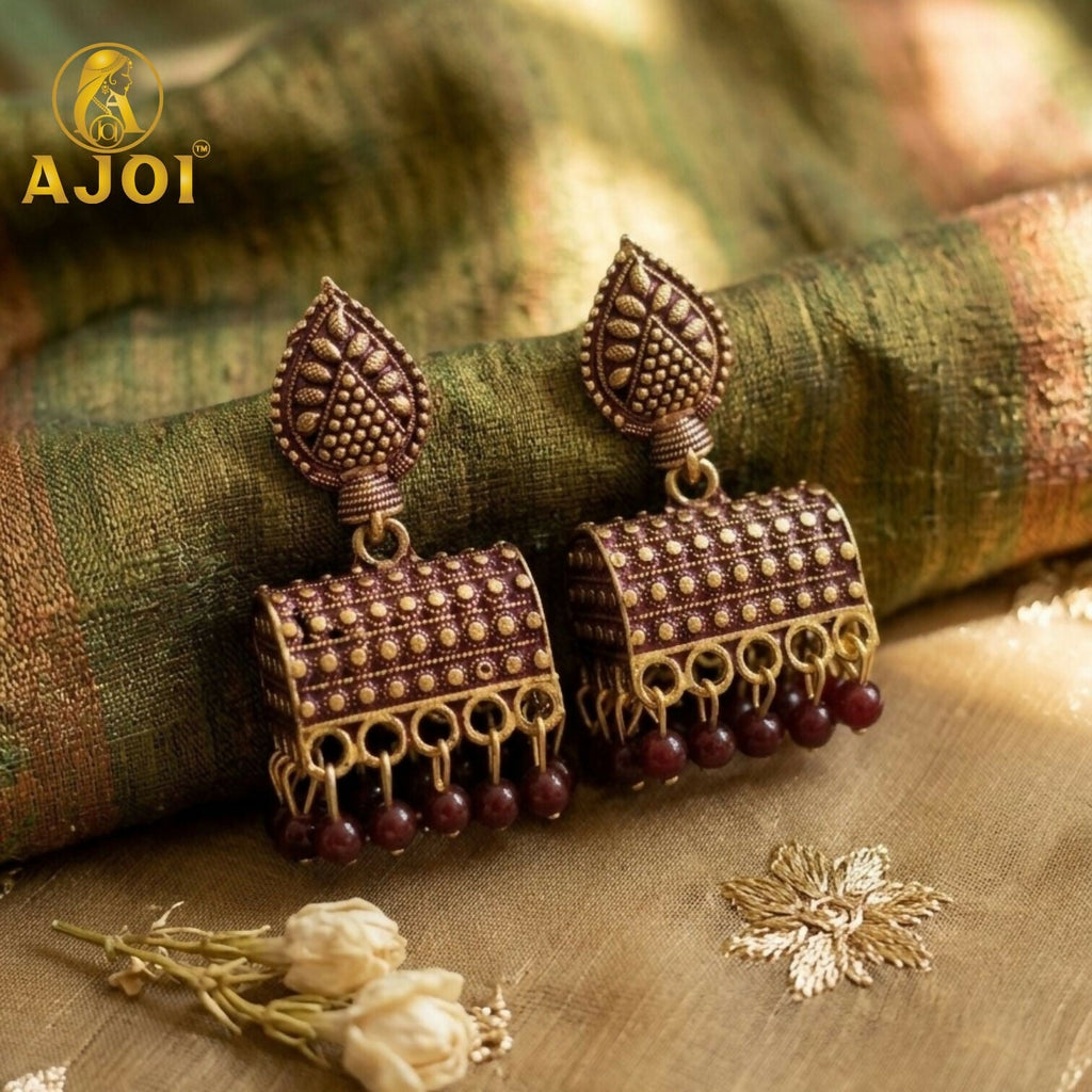 Gold-Plated Leaf Jhumka Earrings – Traditional Elegance & Style