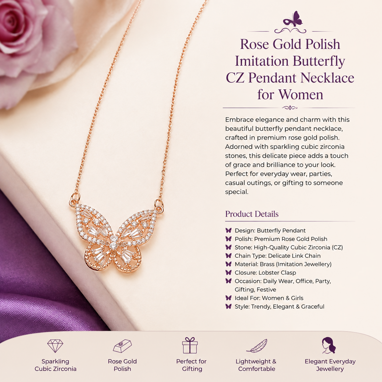 Rose Gold Polish Imitation Butterfly CZ Pendant Necklace for Women