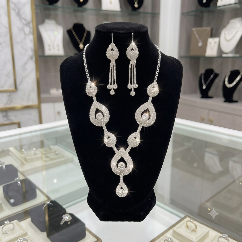 Elegant Silver Plated American Diamond Choker Necklace and Earrings Set for Women and Girls