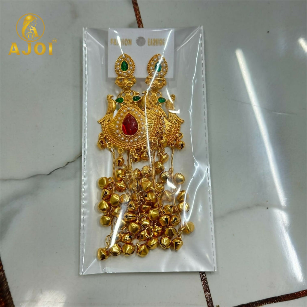 Kashmiri Heritage Gold Dangler Earrings with Red Teardrop Stone