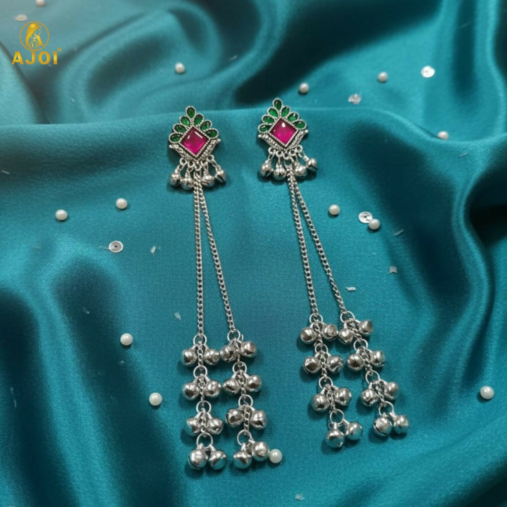 Kashmiri Style Silver Plated Long Chain Drop Earrings – Elegant Ethnic Jewellery