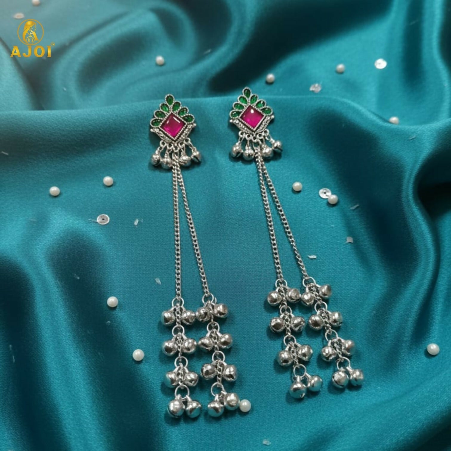 Kashmiri Style Silver Plated Long Chain Drop Earrings – Elegant Ethnic Jewellery