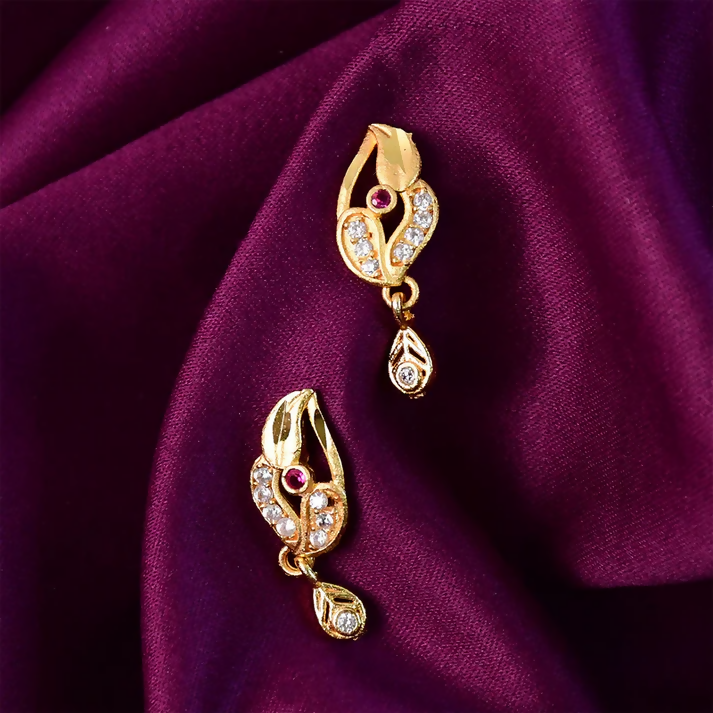 Gold Finish Earrings with Red Stone & Crystal Detailing – Elegant Shine