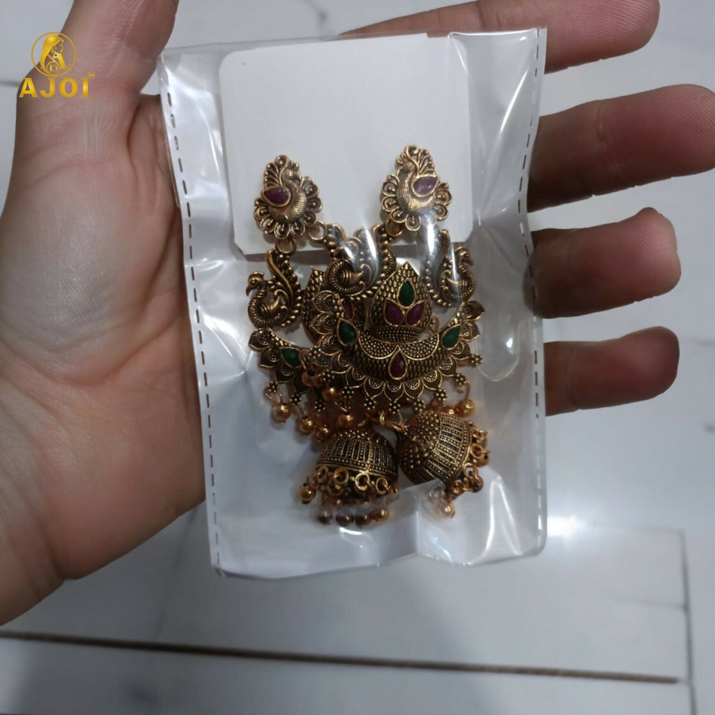 Peacock Jhumka Earrings – Gold Plated with Green & Pink Stones