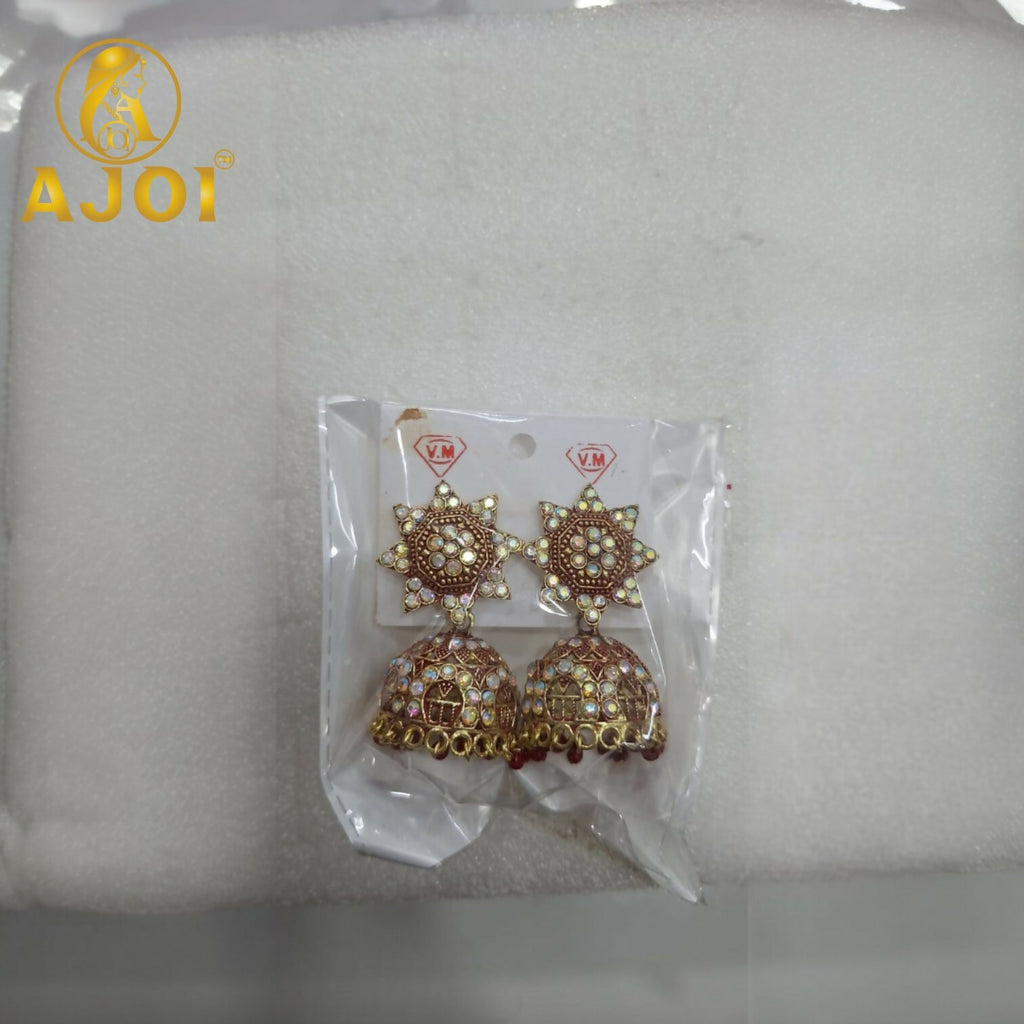 Kundan Jhumka Earrings – Traditional Gold Plated with Red Bead Drops