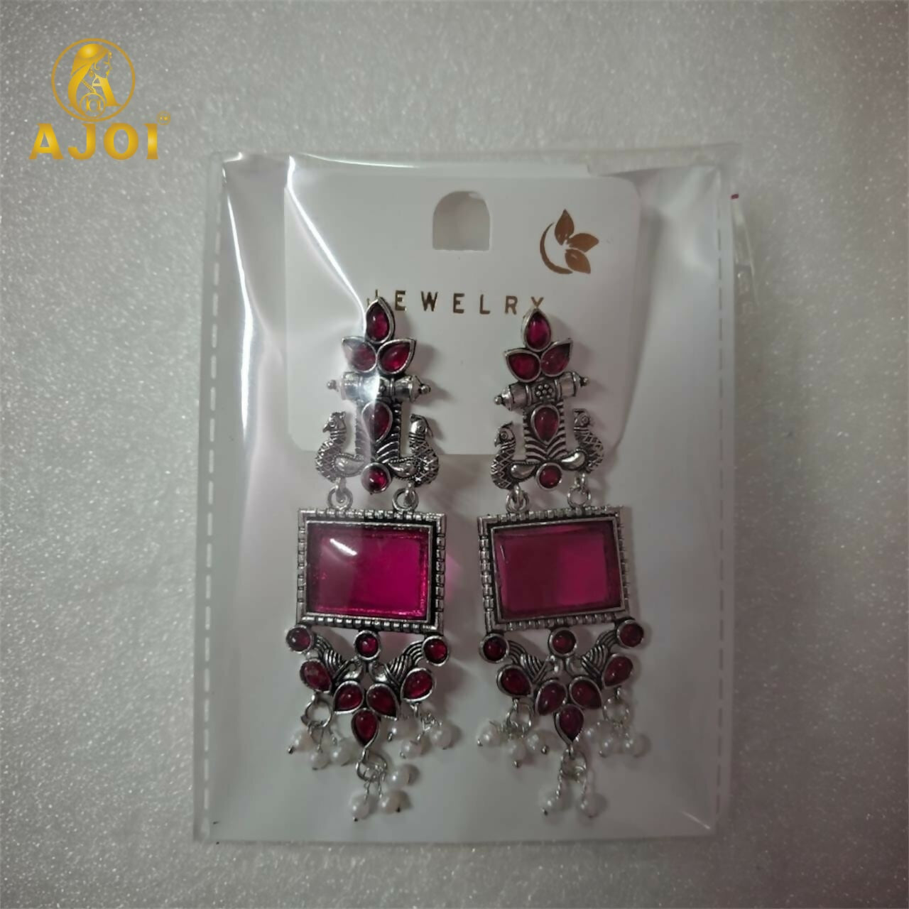 Antique Silver Earrings with Pink Square Beads and Pearl Danglers