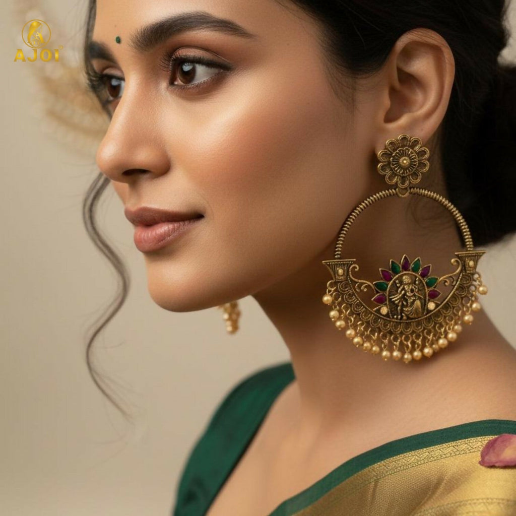 Temple Chandbali Earrings – Radha Krishna Goddess Motif
