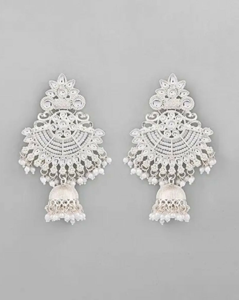 Kundan Jhumka Earrings – Silver-Toned Pearl Traditional Chandbali