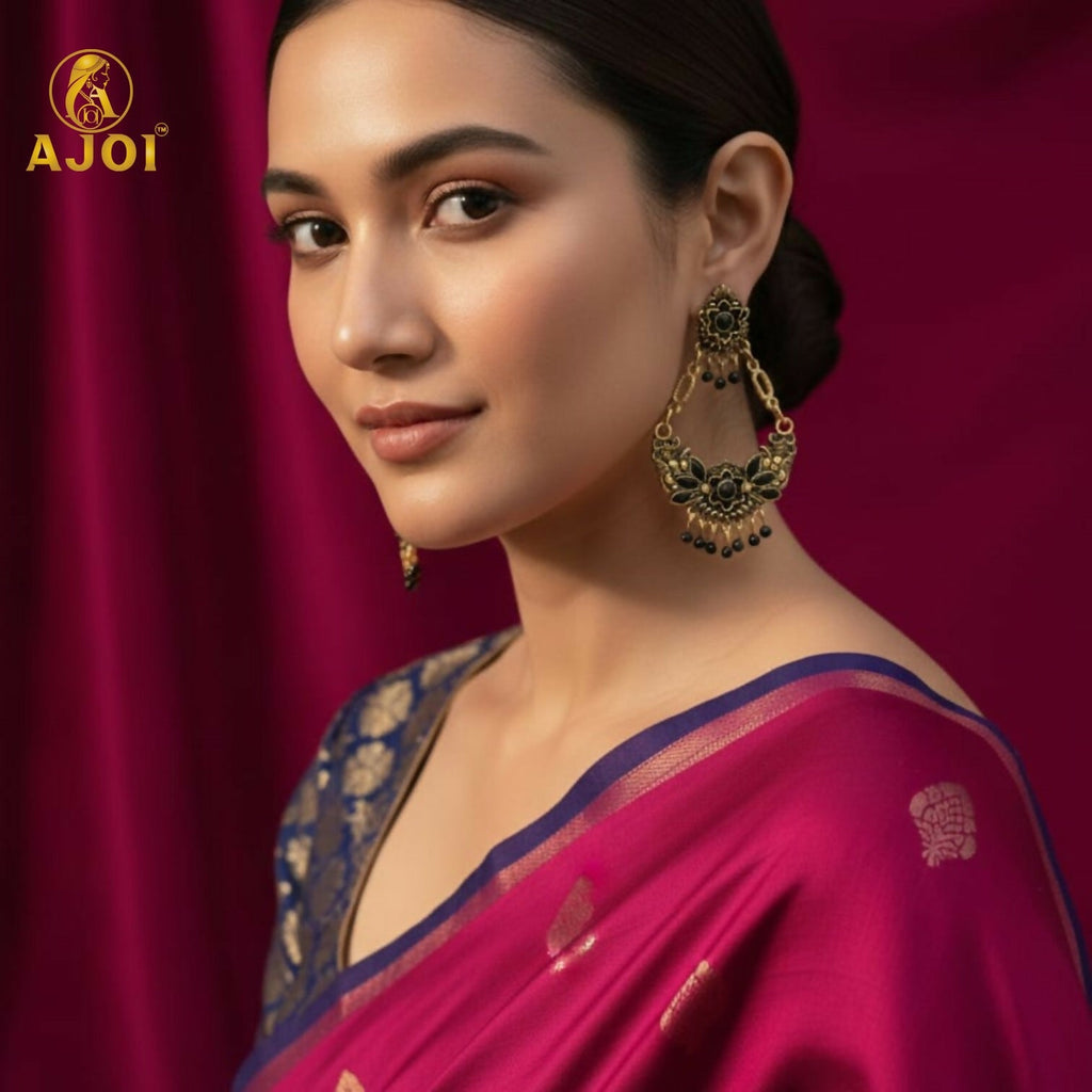 Chandbali Earrings – Antique Gold-Plated Floral with Black Stones