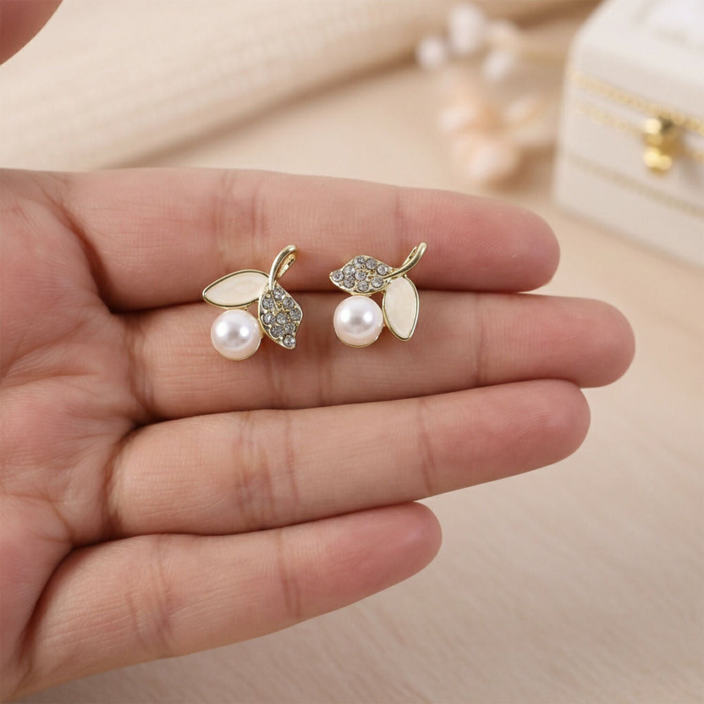 Korean Pearl Leaf Stud Earrings – Premium Gold Plated Elegance