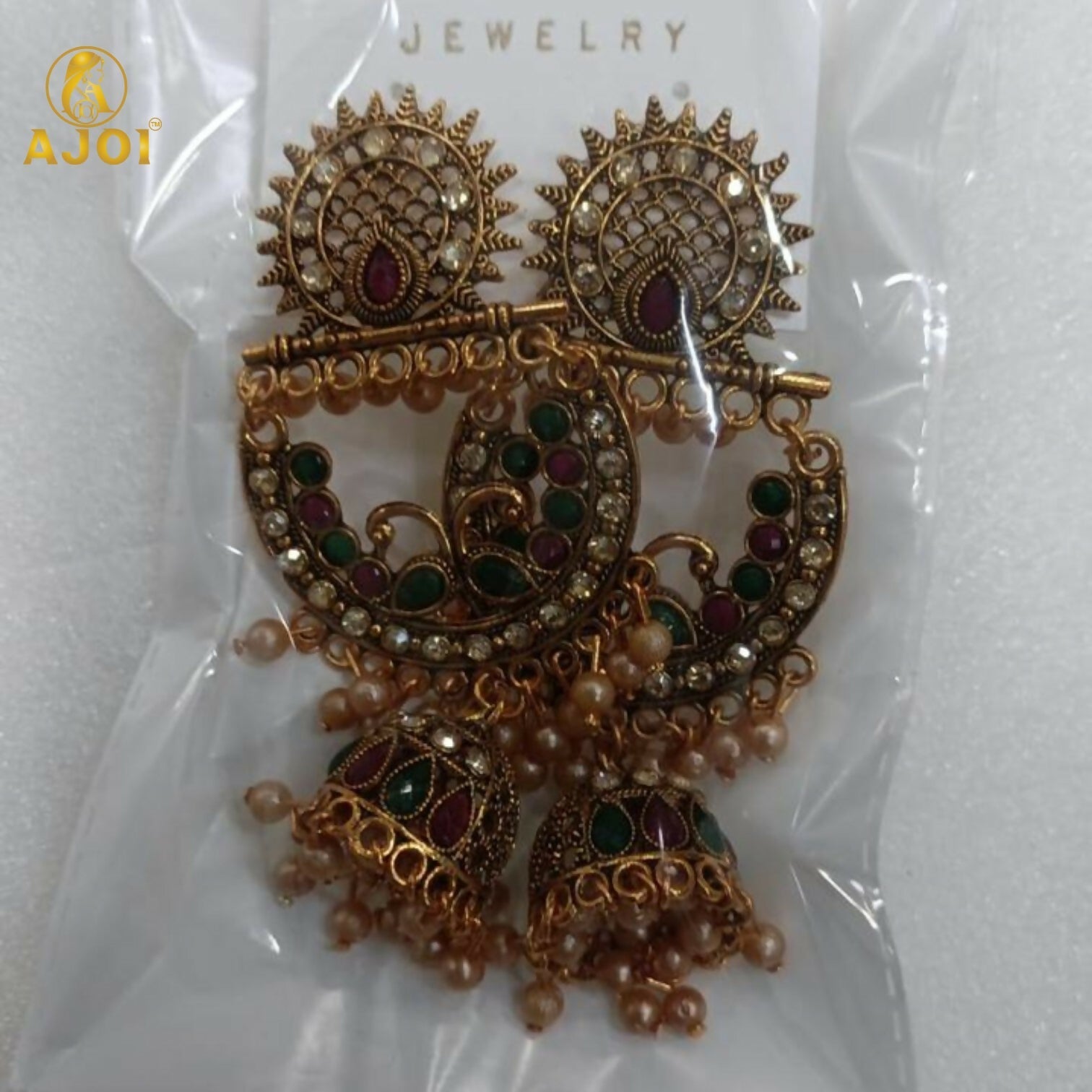 Peacock Motif Antique Gold Finish Chandbali Earrings – Royal Elegance