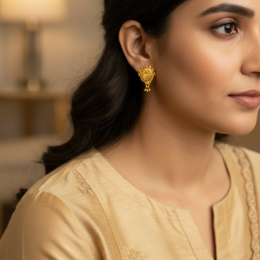 Golden Jhumka Earrings for Women – Traditional 3-Drop Design
