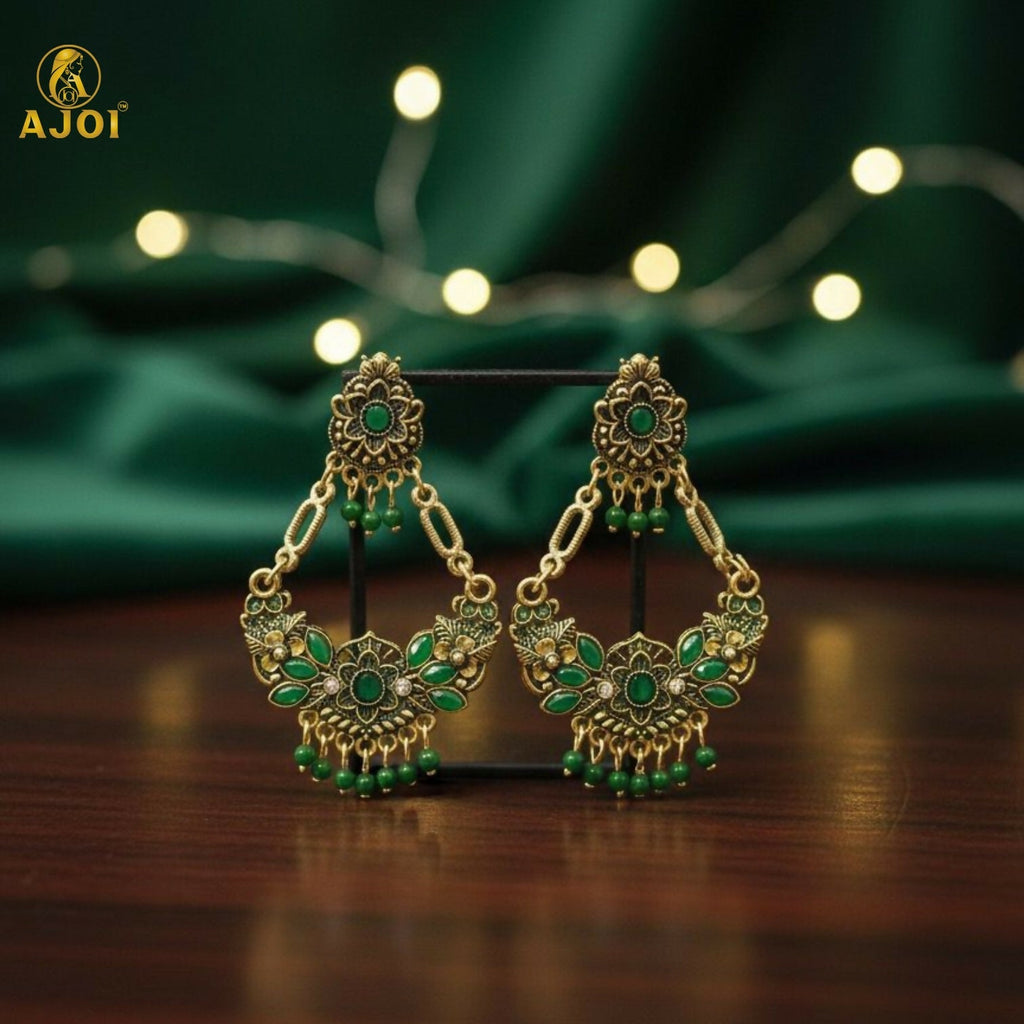 Chandbali Earrings – Antique Gold-Plated with Green Stones