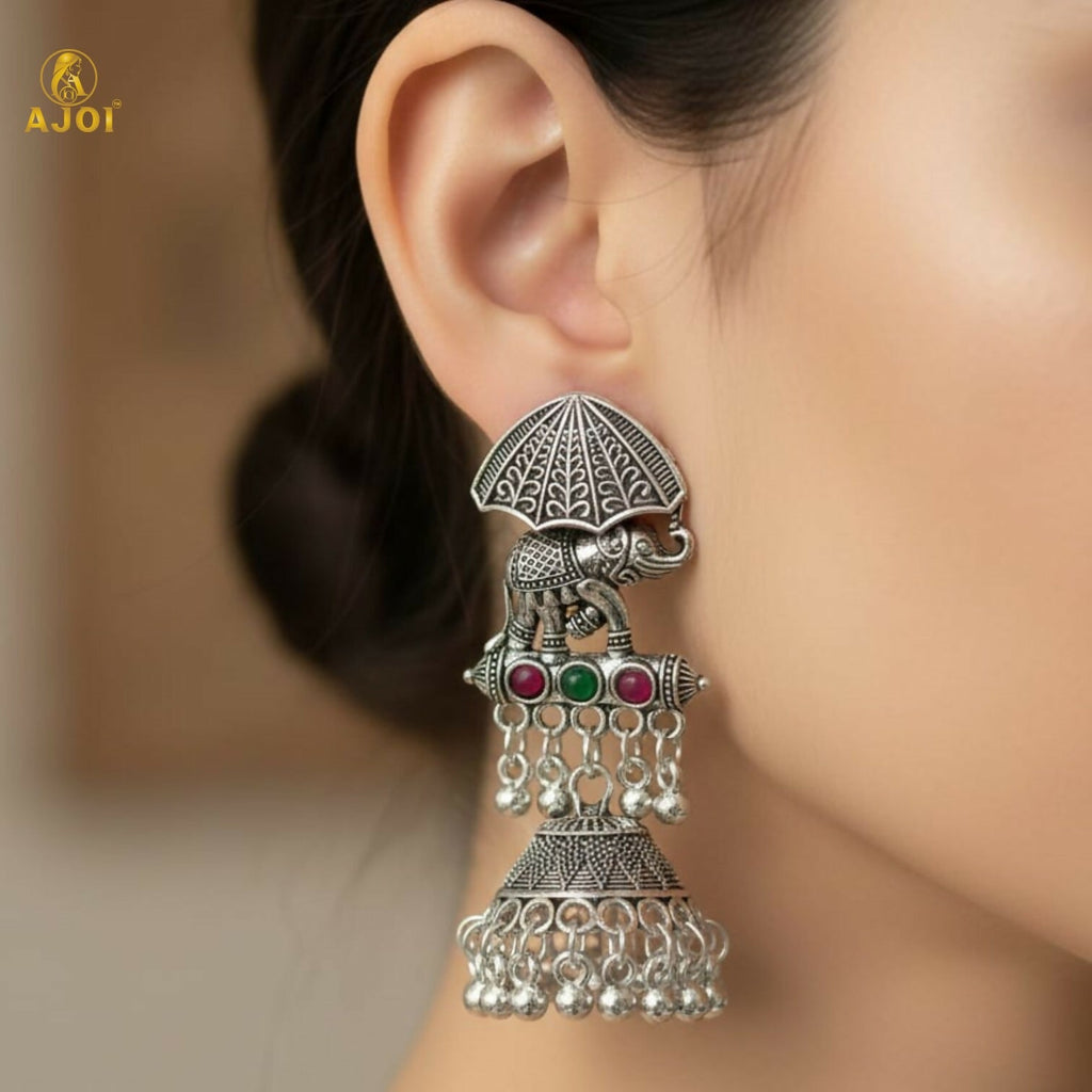 Elephant Motif Oxidized Silver Jhumka Earrings – Royal Heritage