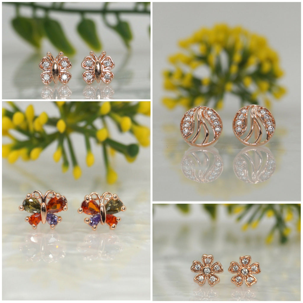 Rose Gold Stud Earrings Set – Butterfly & Flower Combo Pack of 4