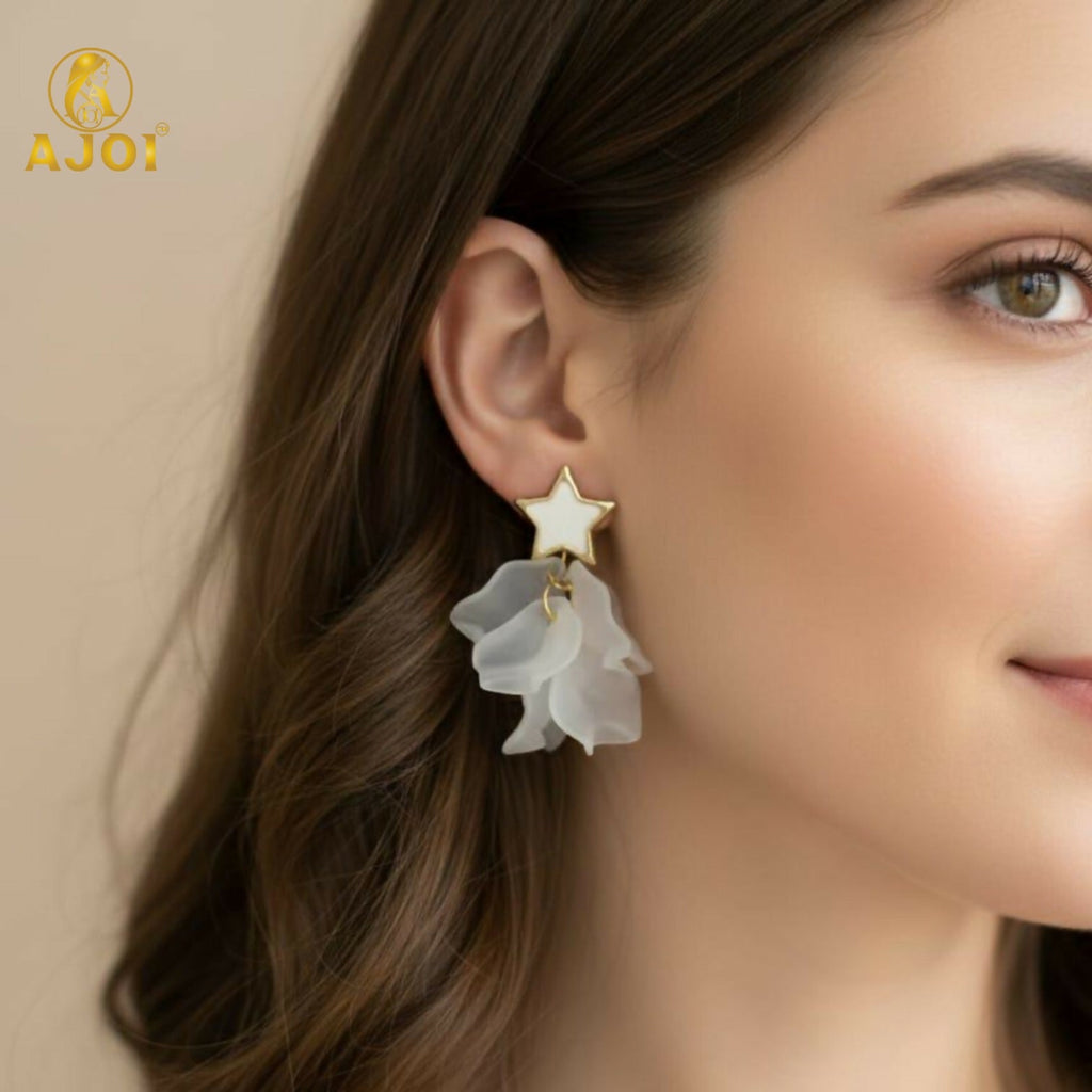 Luxury Floral Drop Earrings – Soft Matte Petal Layers with Star Studs