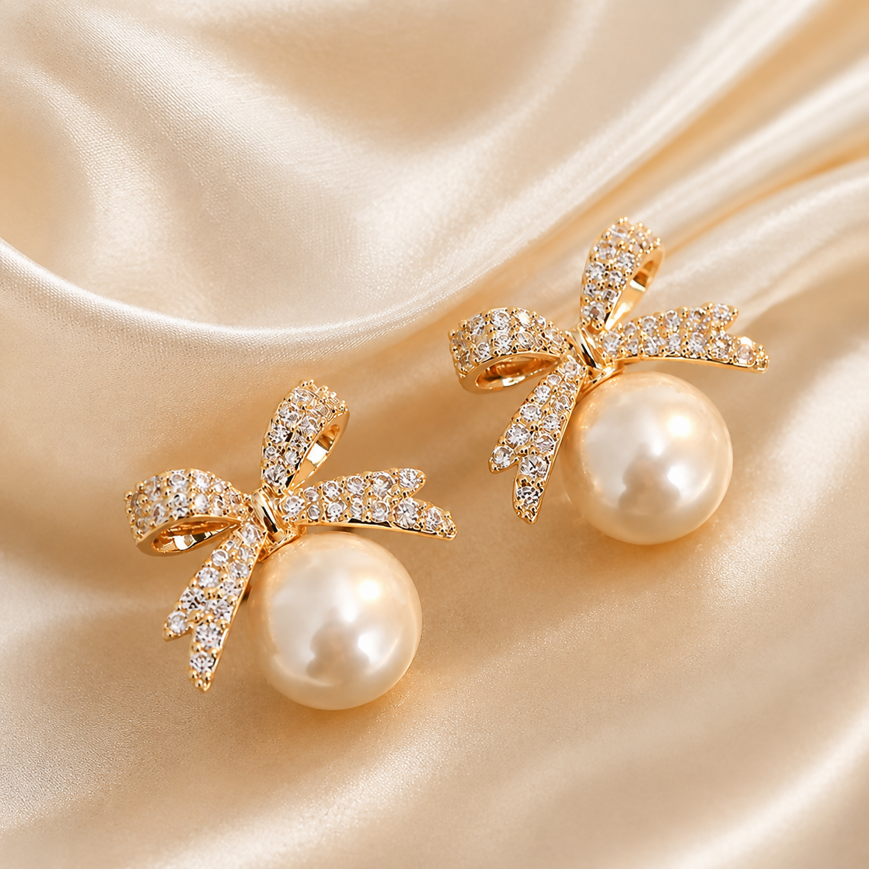 Pearl Bow Stud Earrings – Gold Plated & Elegant for Women