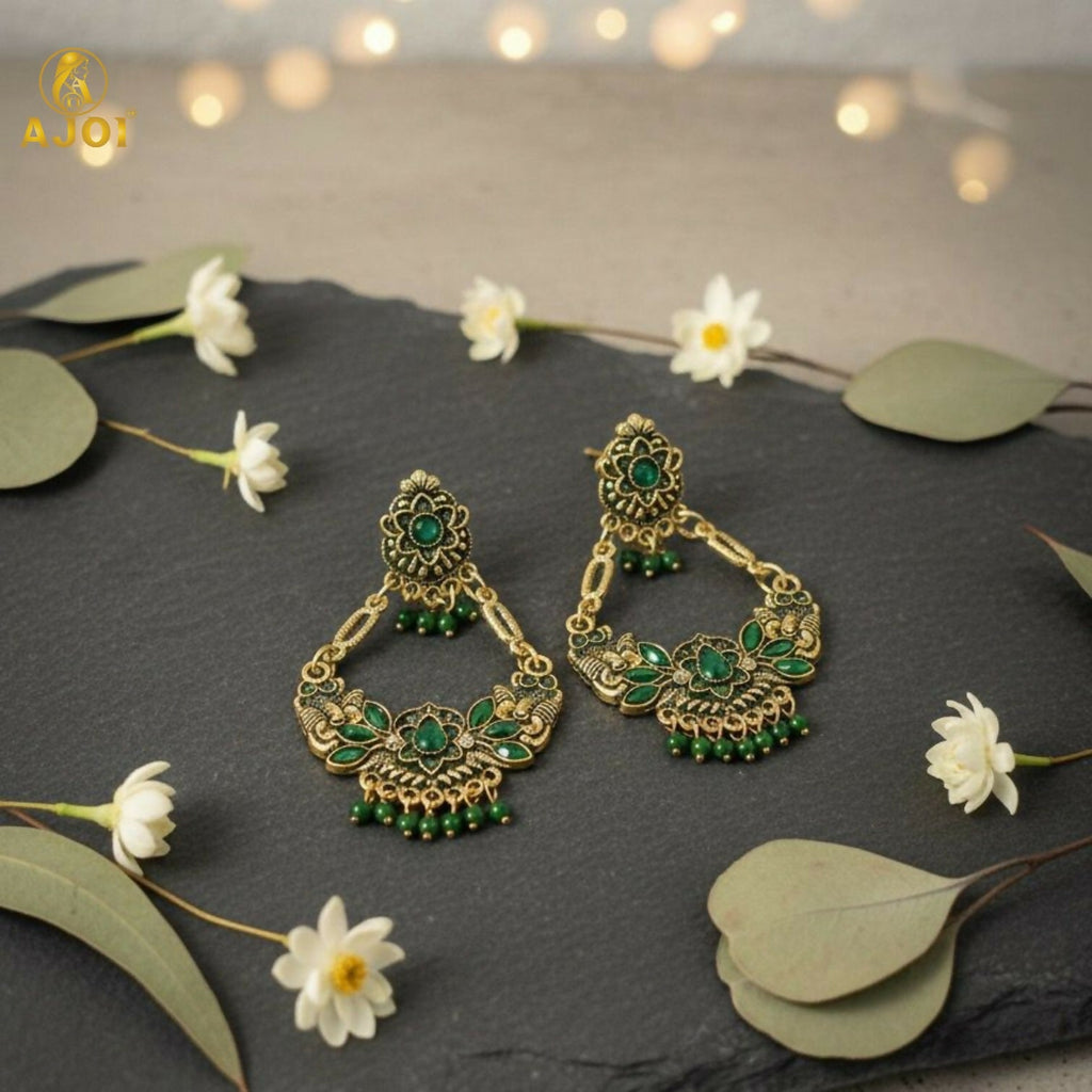 Chandbali Earrings – Antique Gold-Plated with Green Stones