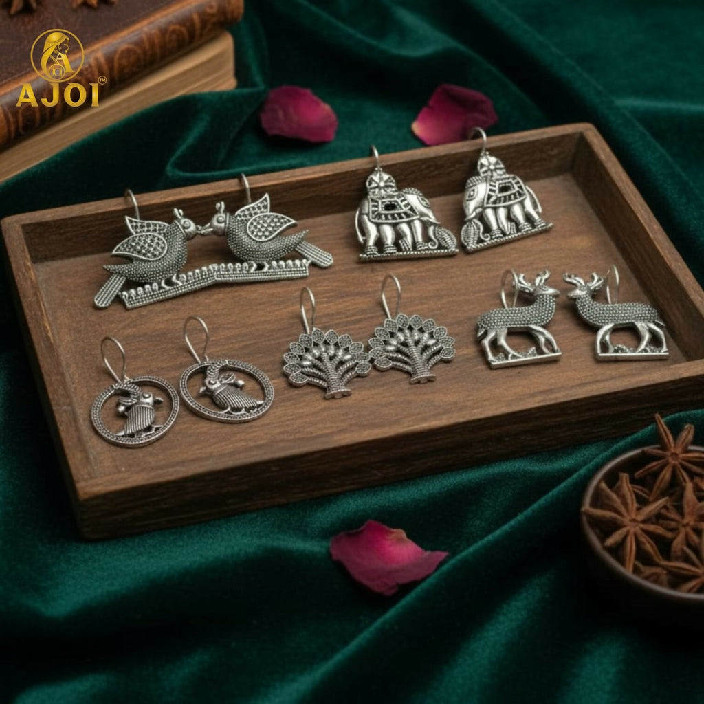 Oxidized Silver Earrings Combo – 5 Traditional Motif Pairs