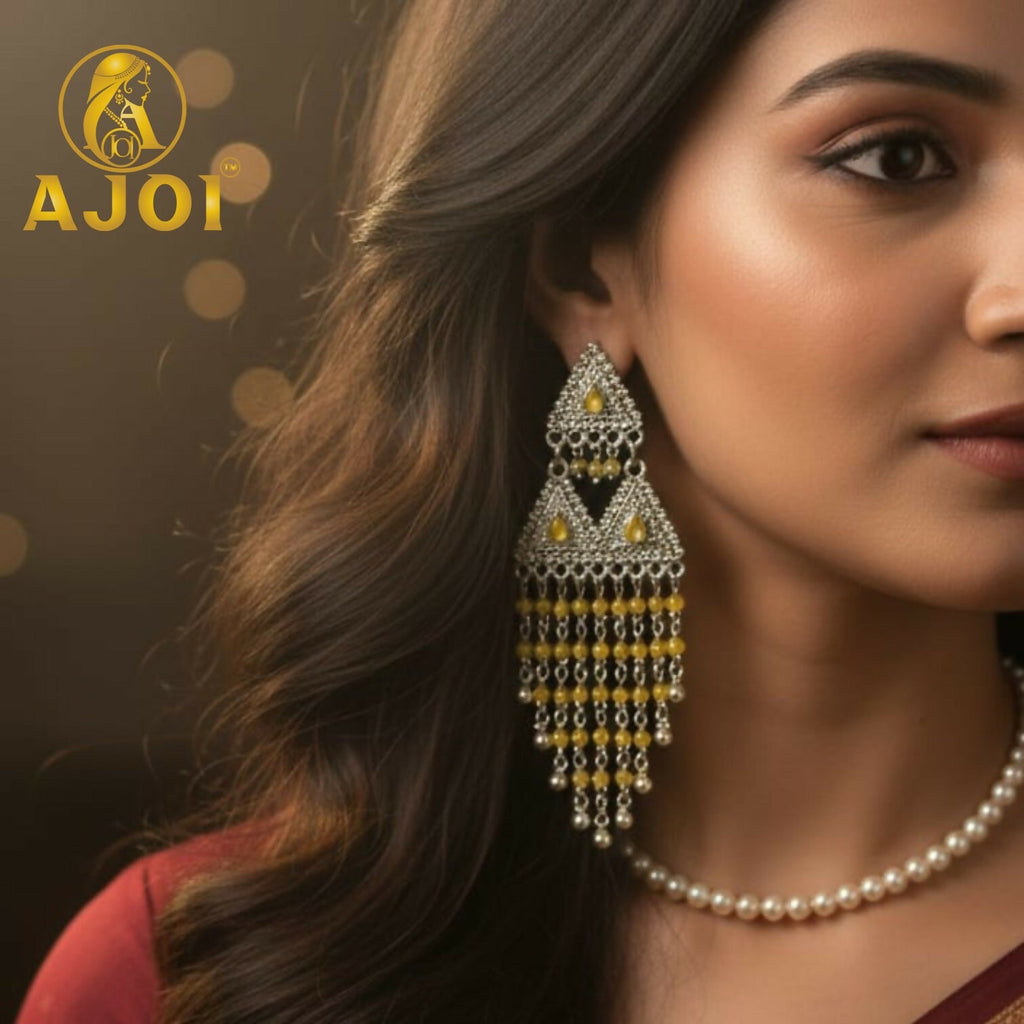 Yellow Drop Silver Statement Earrings – Elegant Festive Jewelry