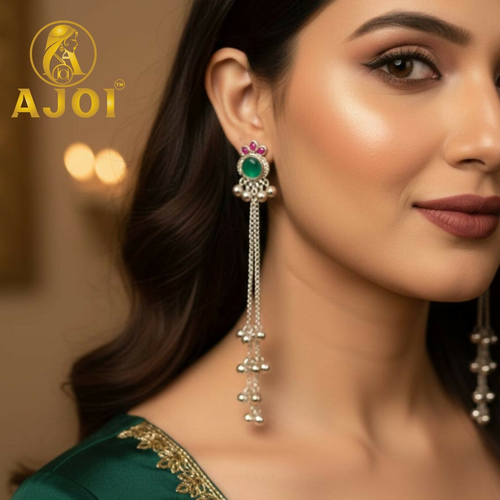 Green Stone Silver Ghungroo Chain Earrings – Regal Elegance