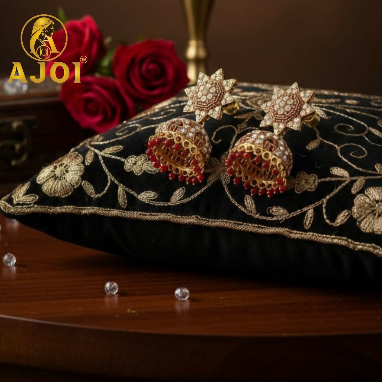 Kundan Jhumka Earrings – Traditional Gold Plated with Red Bead Drops