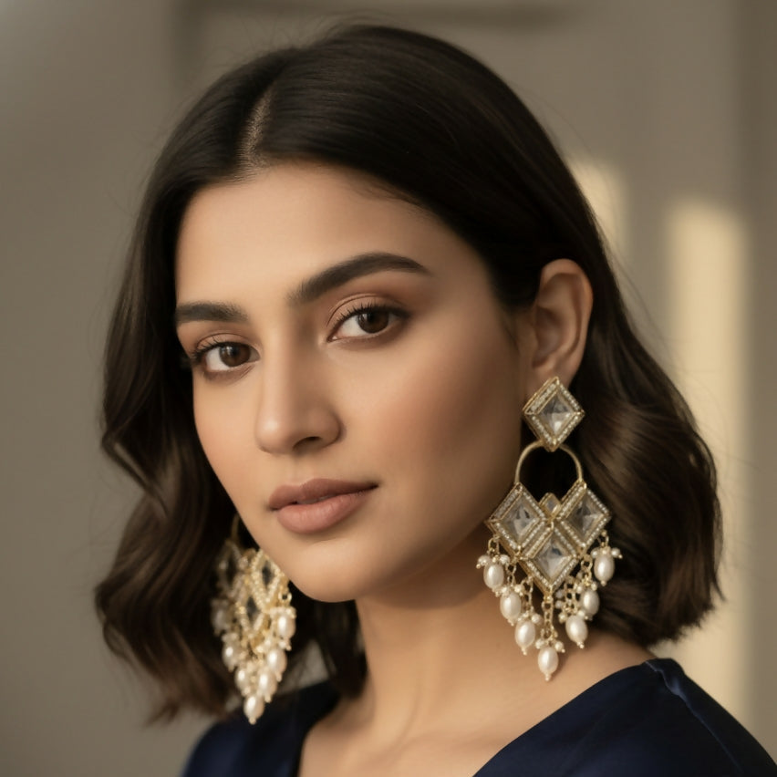 Antique Silver-Toned Kundan Chandbali Jhumka Earrings – Elegant Floral Design