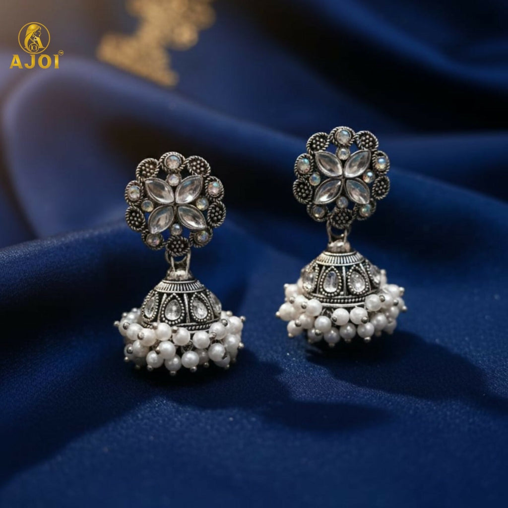 Silver Oxidized Floral Jhumka Earrings – Elegant Pearl Drops Design