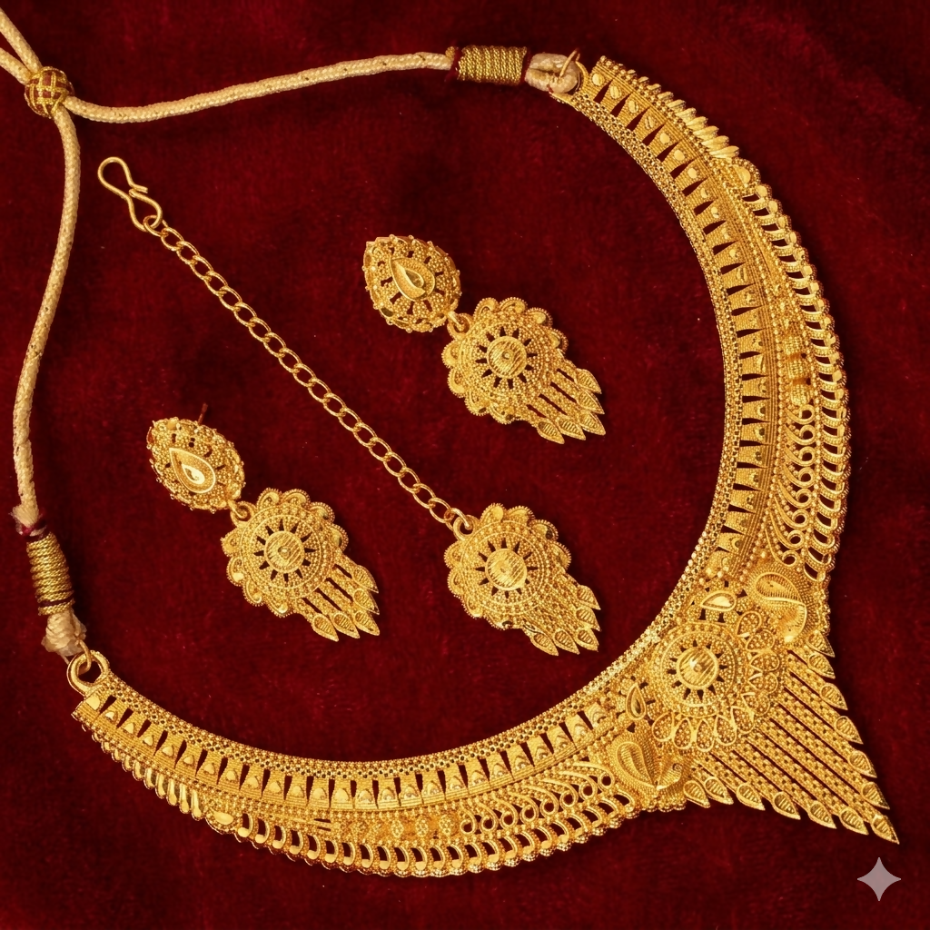 Heritage Gold-Tone Necklace Set with Matching Earrings and Maang Tikka for Women