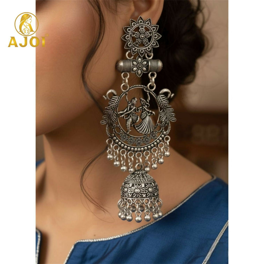 Radha Krishna Jhumka Earrings – Oxidised Silver Temple Jewellery with Ghungroo