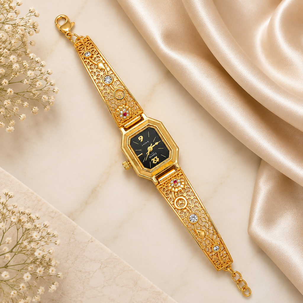 Vintage Gold-Tone Filigree Bracelet Watch for Women – Crystal Accent Black Dial Elegant Jewelry Wristwatch