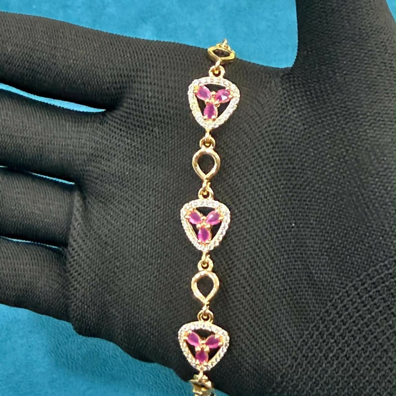 Pink Stone Clover Triangle Bracelet with Crystal Halo and Gold-Tone Links for Women