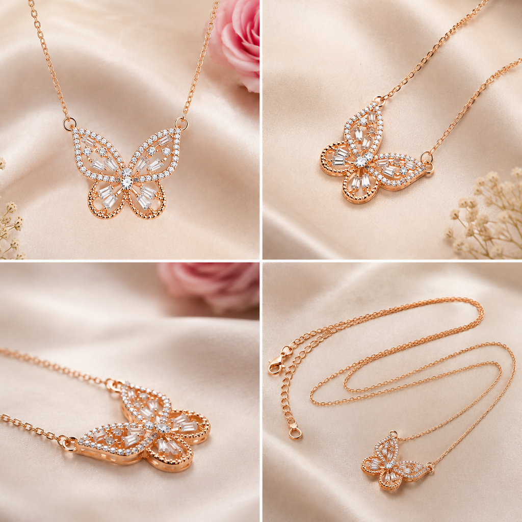 Rose Gold Polish Imitation Butterfly CZ Pendant Necklace for Women